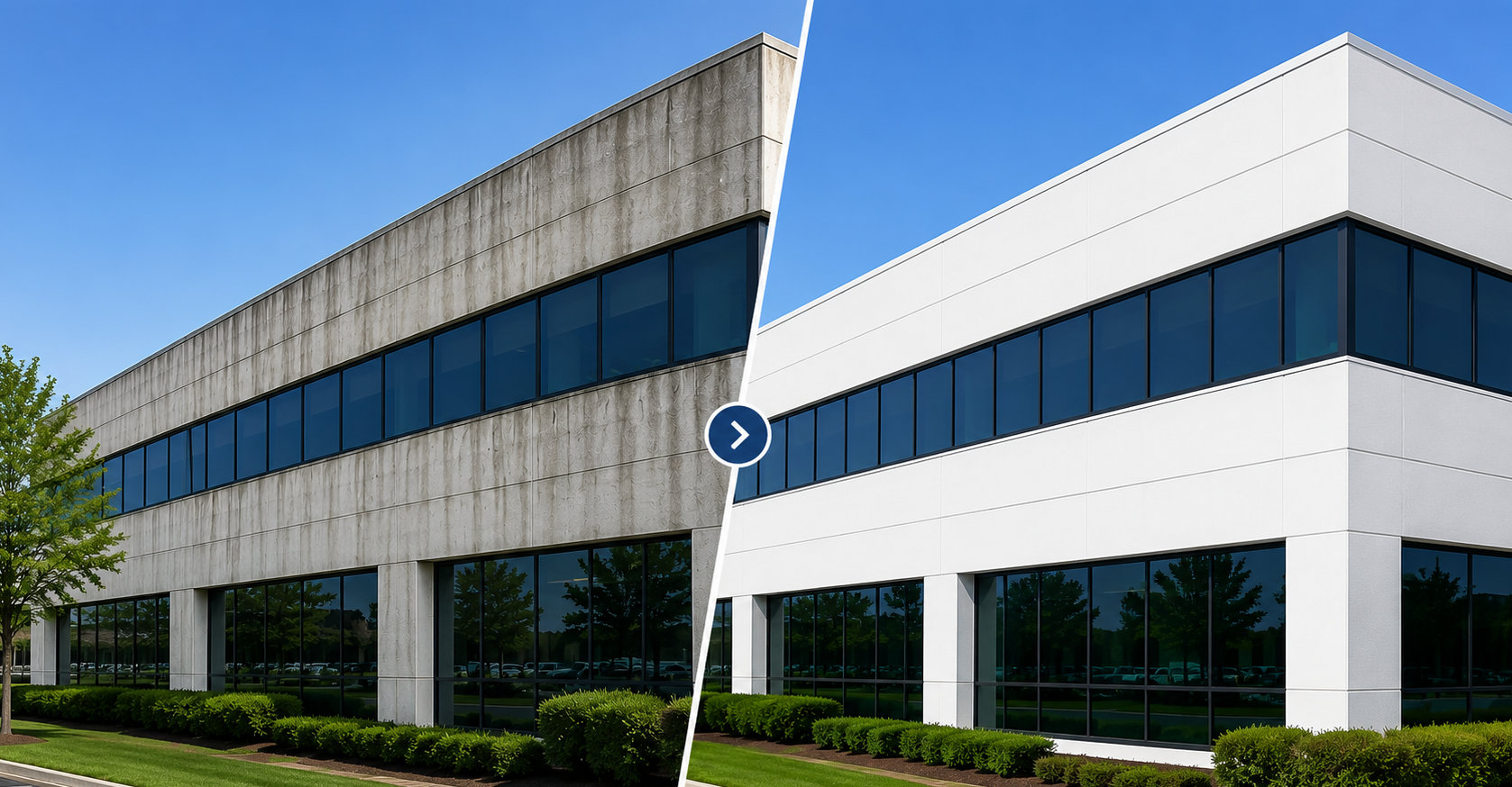 Commercial office exterior cleaning of a Boston-area office building facade